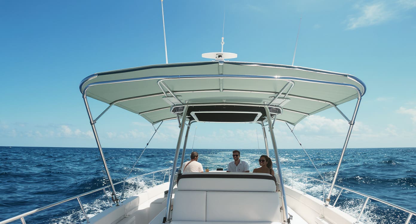 Navigation sous taud bimini blanc sur bateau, protection solaire et confort en mer, Sellerie Bateaux du Sud