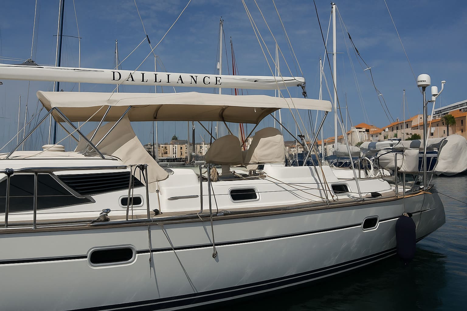 Voilier amarré équipé d’un lazy bag beige neuf sur la bôme, réalisé sur mesure par Sellerie Bateaux du Sud