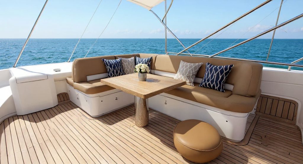 Sellerie extérieure chocolat en simili cuir, coussins et mobilier d’un yacht de luxe, bord de mer