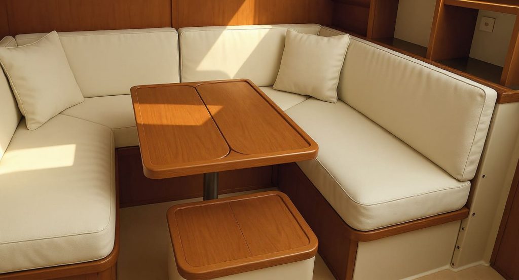 Carré de voilier rénové avec sellerie intérieure blanc cassé sur-mesure, coussins et banquettes confortables
